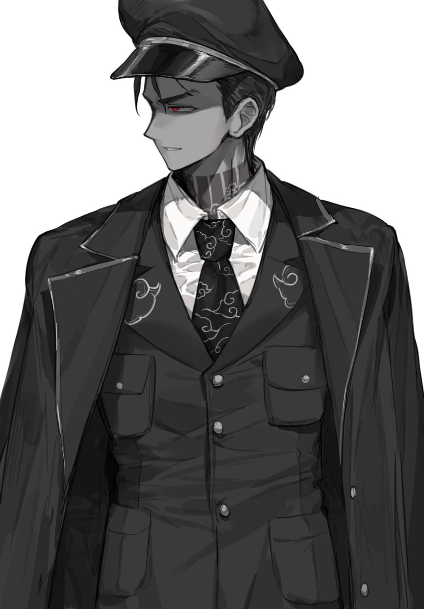 1boy, anzekeye, black_coat, black_hair, black_hat, black_jacket, black_necktie, coat, coat_on_shoulders, collared_shirt, colored_skin, grey_skin, hair_slicked_back, hat, highres, jacket, jun_(project_moon), limbus_company, looking_to_the_side, necktie, parted_lips, project_moon, shirt, simple_background, solo, upper_body, white_background, white_shirt
