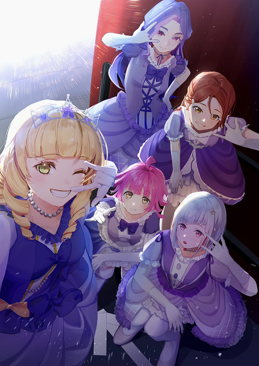 5girls, :o, ;d, \m/, ahoge, backstage, become_444, blonde_hair