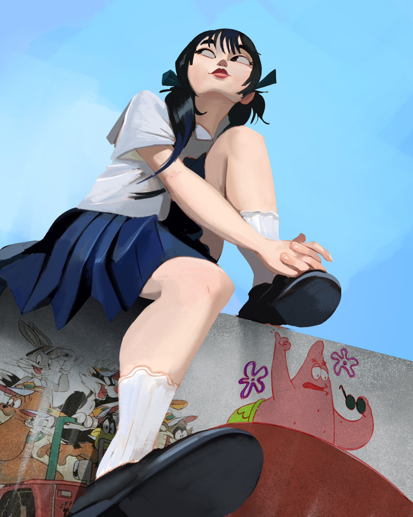 1girl, black_footwear, black_hair, blue_skirt, bugs_bunny, commentary, from_below, graffiti