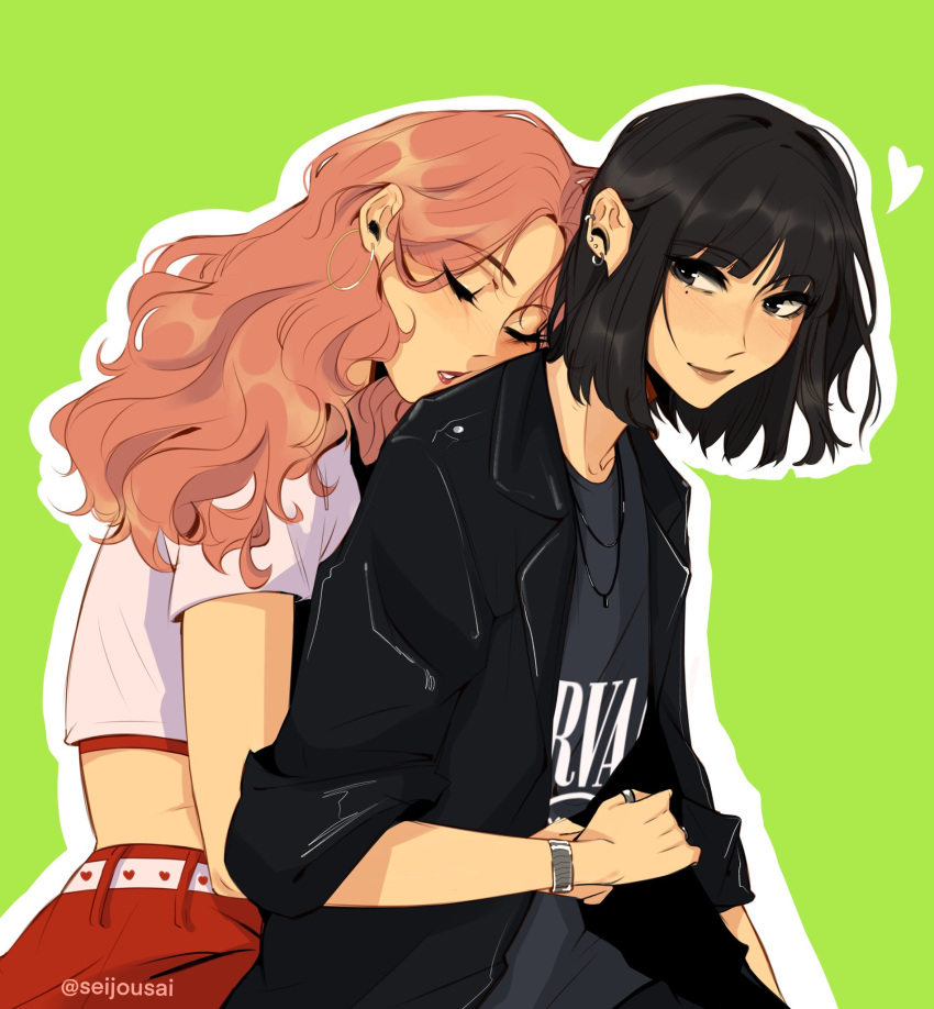 2girls, black_eyes, black_hair, black_jacket, black_shirt, commentary, crop_top, ear_piercing