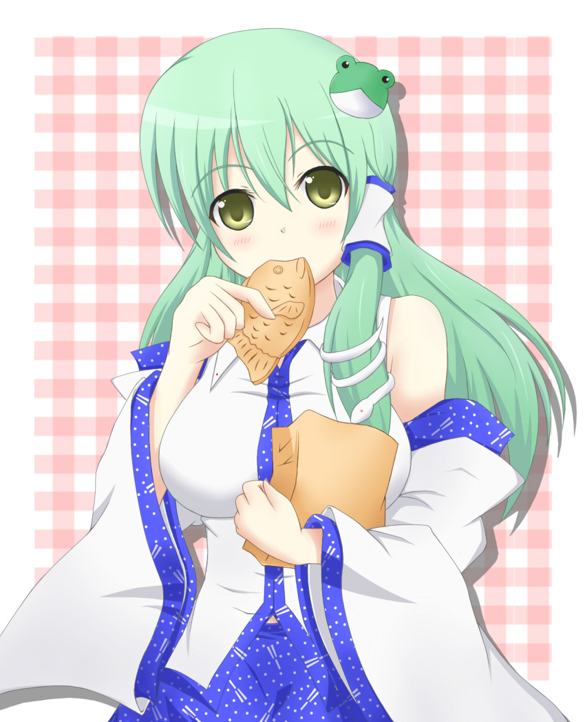 bag, blush, detached_sleeves, eating, food, frog, green_hair, hair_ornament