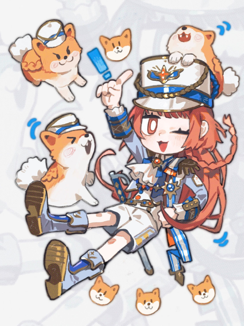 !, >_<, 1girl, absurdres, animal_on_head, ascot, belt, bilingual_commentary, blue_footwear, blue_jacket, blue_sleeve_cuffs, blunt_bangs, boots, braid, bright_pupils, brown_belt, chinese_commentary, collared_shirt, dog, dog_on_head, duantouhongmo, english_commentary, epaulettes, eyelashes, falling, floating_clothes, floating_hair, floof_(infinity_nikki), frilled_sleeves, frills, full_body, grey_background, hand_on_own_hip, happy, hat, highres, infinity_nikki, jacket, light_blush, long_hair, long_sleeves, looking_at_viewer, medal, midnight_vigil_(infinity_nikki), mixed-language_commentary, motion_lines, nikki_(series), on_head, one_eye_closed, open_clothes, open_jacket, open_mouth, orange_eyes, orange_hair, pointing, pointing_up, red_brooch, shako_cap, sheath, sheathed, shirt, shorts, single_braid, smile, sword, very_long_hair, weapon, white_ascot, white_hat, white_pupils, white_shirt, white_shorts, zoom_layer
