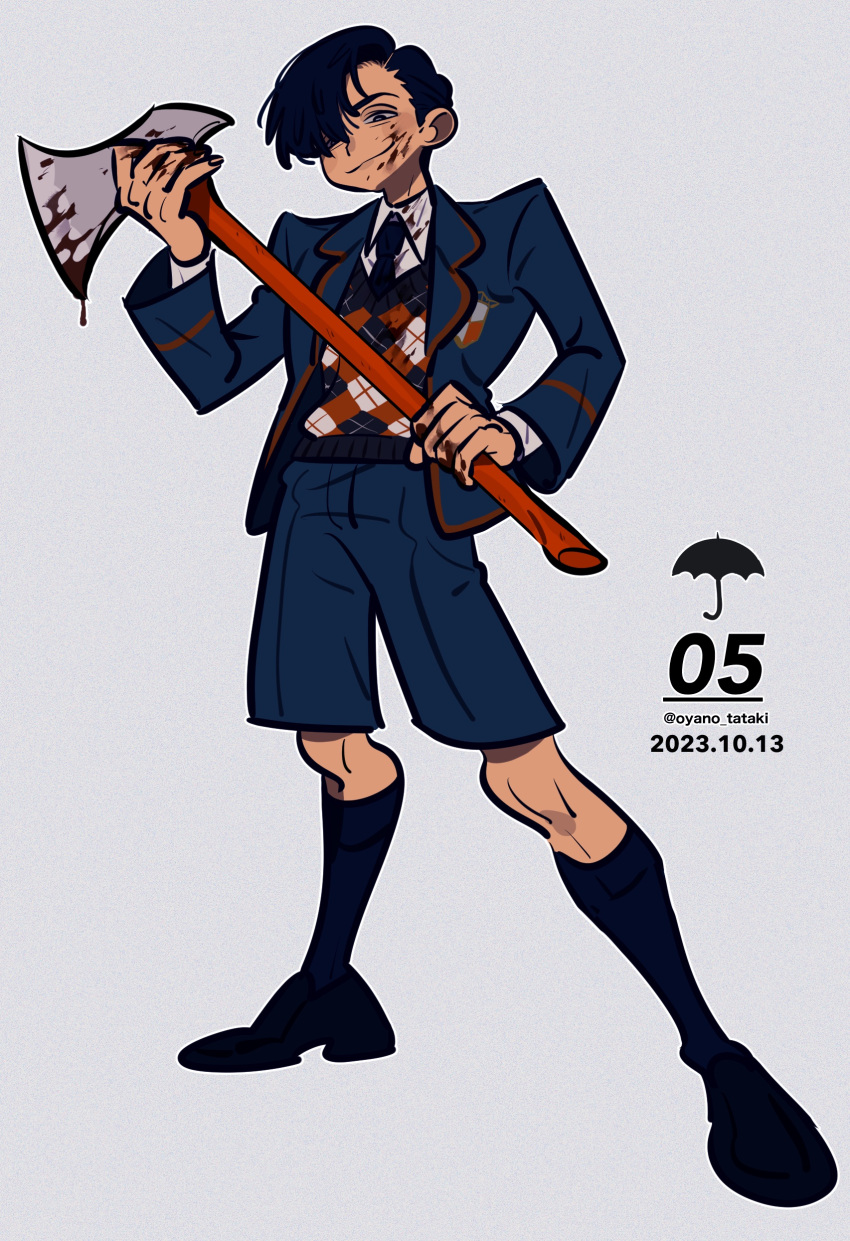 1boy, absurdres, argyle_clothes, argyle_sweater, axe, bad_id, bad_twitter_id, black_eyes