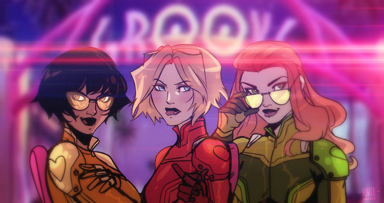 3girls, alex_(totally_spies), black_hair, black_lips, blonde_hair, bodysuit, clover_(totally_spies), commentary
