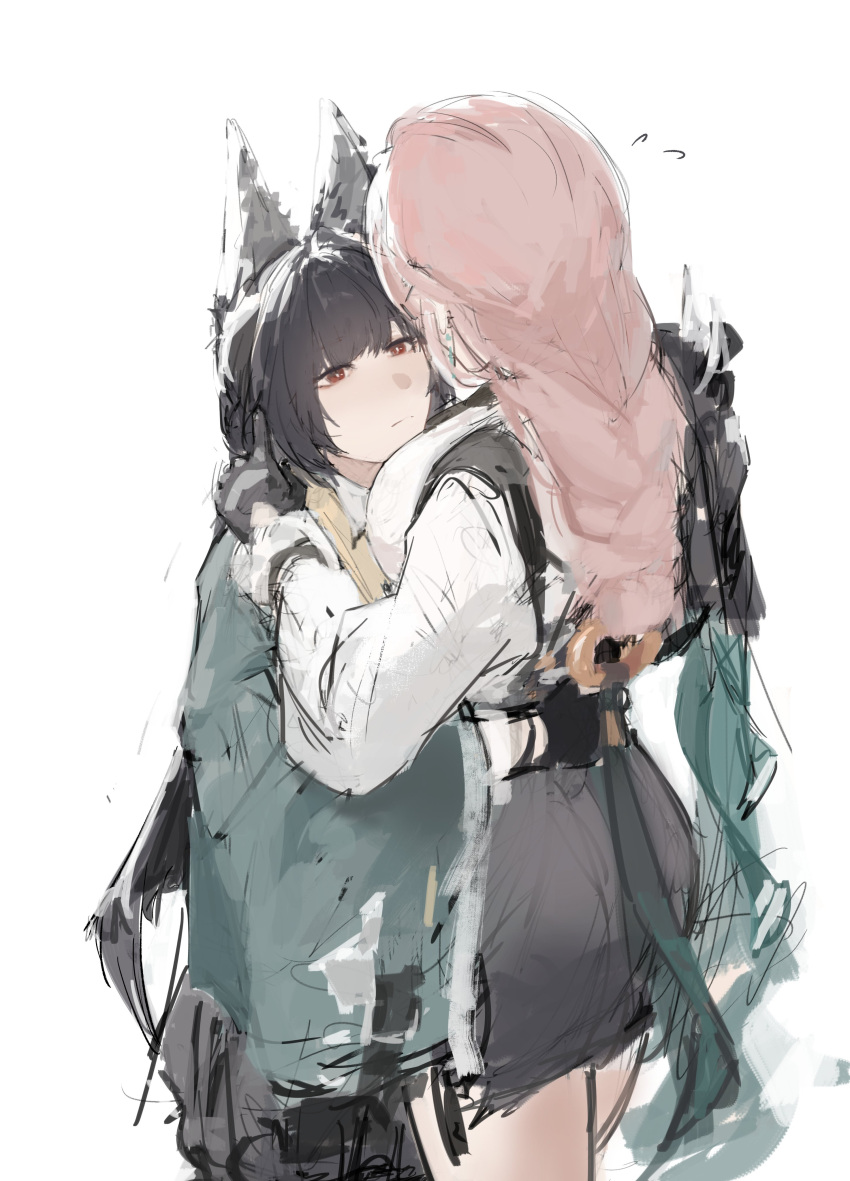 2girls, absurdres, animal_ear_fluff, animal_ears, black_gloves, black_hair, black_skirt, blunt_bangs