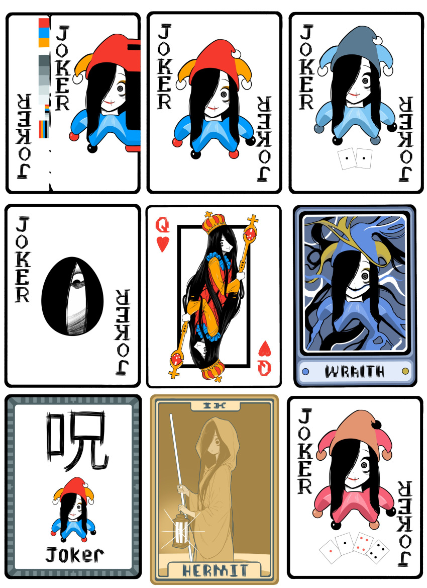 1girl, absurdres, alternate_costume, arched_crown, balatro, black_eyes, black_hair, blue_lips