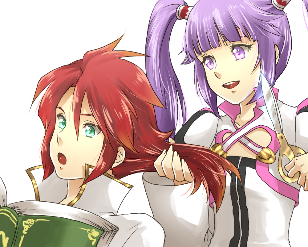 bolero, book, cropped_jacket, cutting_hair, fujimo_nao, gradient_hair, green_eyes, luke_fon_fabre, multicolored_hair, orange_hair, purple_eyes, purple_hair, reading, red_hair, redhead, scissors, sophie_(tales_of_graces), tales_of_(series), tales_of_graces, tales_of_the_abyss, twintails, violet_eyes