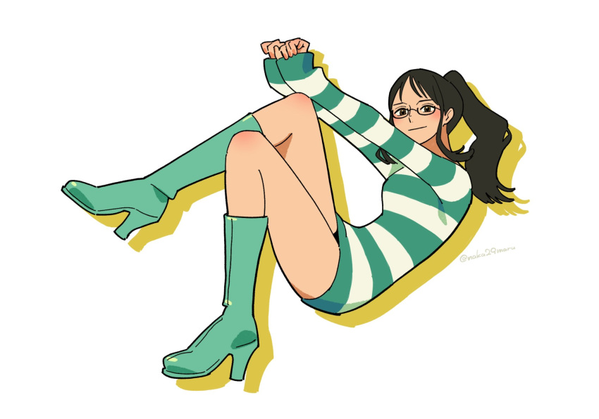 1girl, black_hair, boots, colored_shadow, commentary, curled_up, dress, glasses, green_footwear, high_heel_boots, high_heels, highres, long_sleeves, naka29maru, nico_robin, one_piece, one_piece:_strong_world, ponytail, shadow, sidelocks, smile, solo, striped_clothes, striped_dress, thigh_boots, twitter_username