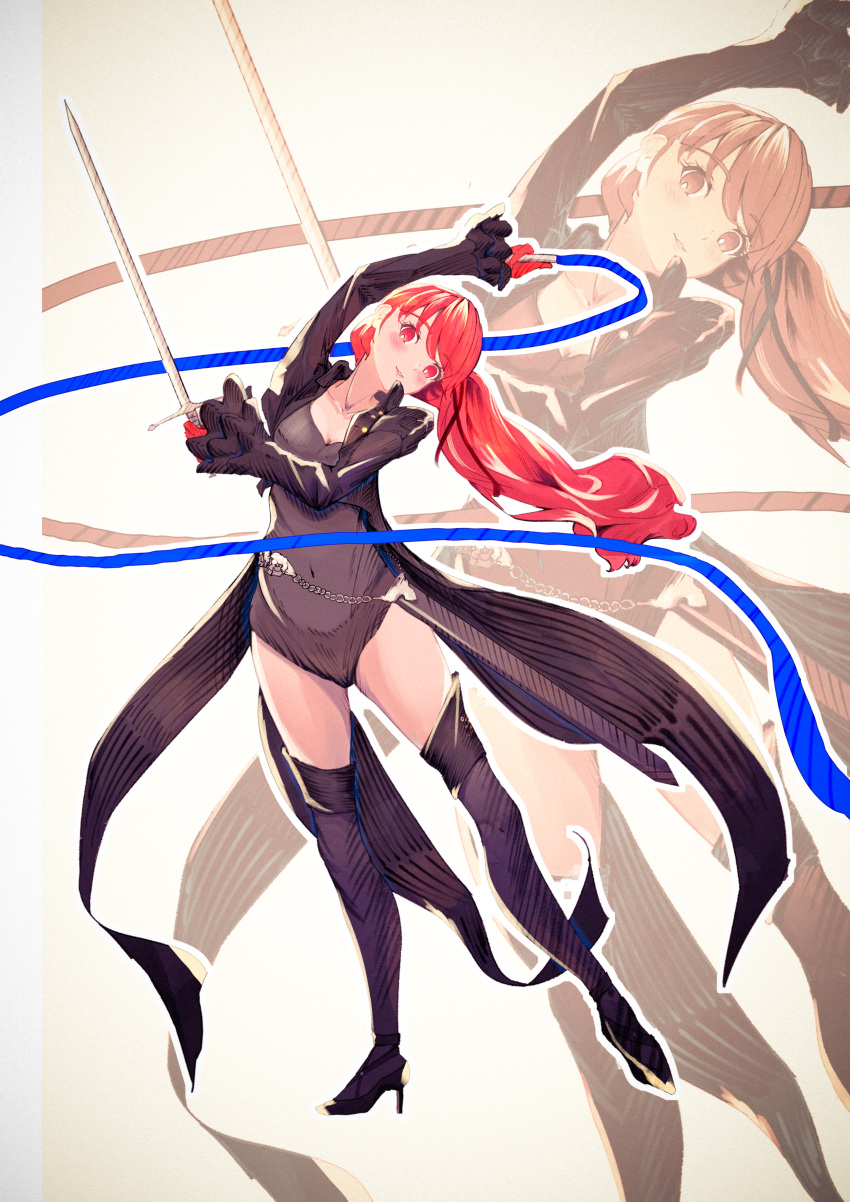 1girl, absurdres, arm_up, black_coat, black_footwear, black_leotard, black_ribbon, black_thighhighs
