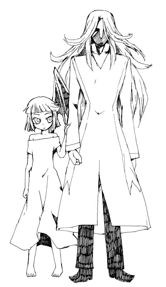 1girl, bare_shoulders, bob_cut, dark_precure, heartcatch_precure!, holding, long_hair, monochrome, precure, professor_sabaku, short_hair, single_wing, wings, young, yuuseihonnpo