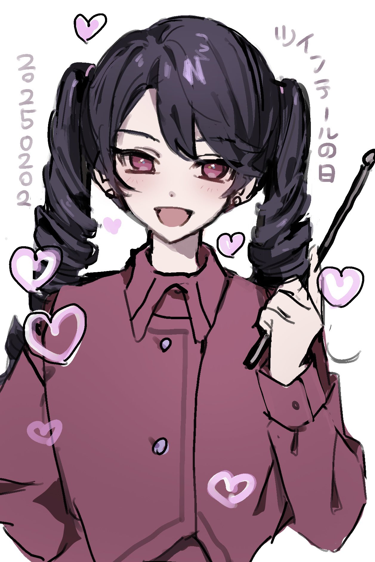 16personalities, 1girl, alternate_hairstyle, black_hair, commander_(16personalities), drill_hair, highres, ikqgon, long_hair, long_sleeves, looking_at_viewer, myers-briggs_type_indicator, open_mouth, pink_eyes, pink_shirt, shirt, simple_background, smile, solo, twin_drills, twintails, white_background