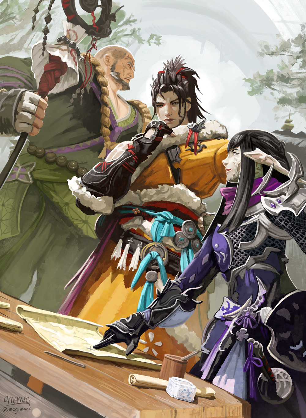 1girl, 2boys, armor, au_ra, bead_belt, black_hair, cane, chinstrap_beard, dougi, dragon_horns, fantasy, final_fantasy, final_fantasy_xiv, fur-trimmed_dougi, gosetsu_daito, green_hakama, hakama, hien_rijin, highres, holding, holding_cane, horns, hyur, japanese_clothes, mcgmark, multiple_boys, ninja_(final_fantasy), painterly, roegadyn, samurai_(final_fantasy), shaved_head, table, topknot, yellow_dougi, yugiri_mistwalker