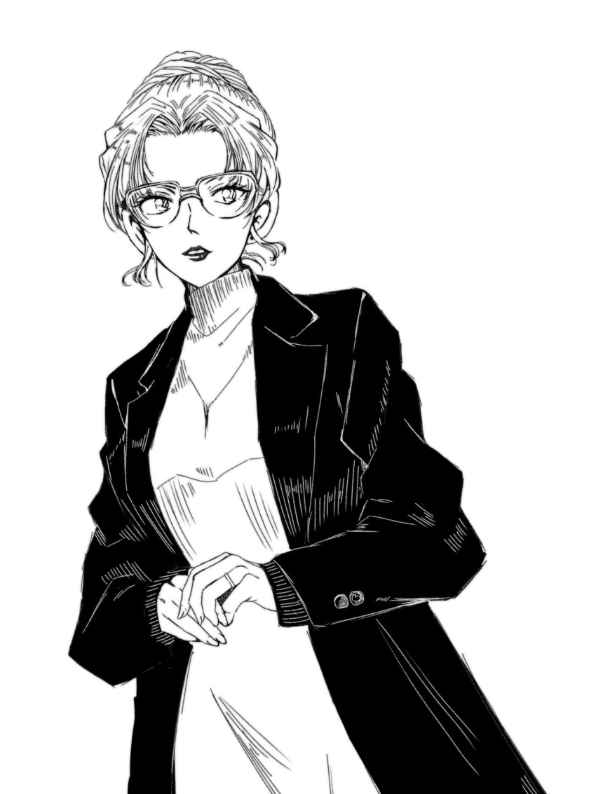 1girl, coat, commentary, cowboy_shot, dress, glasses, greyscale, hair_bun