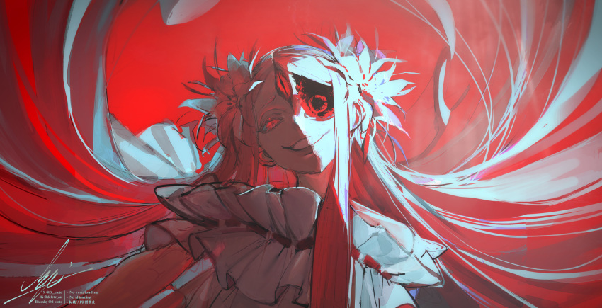 1girl, au_(d_elete), dress, floating_hair, flower, frills, grin, hair_flower