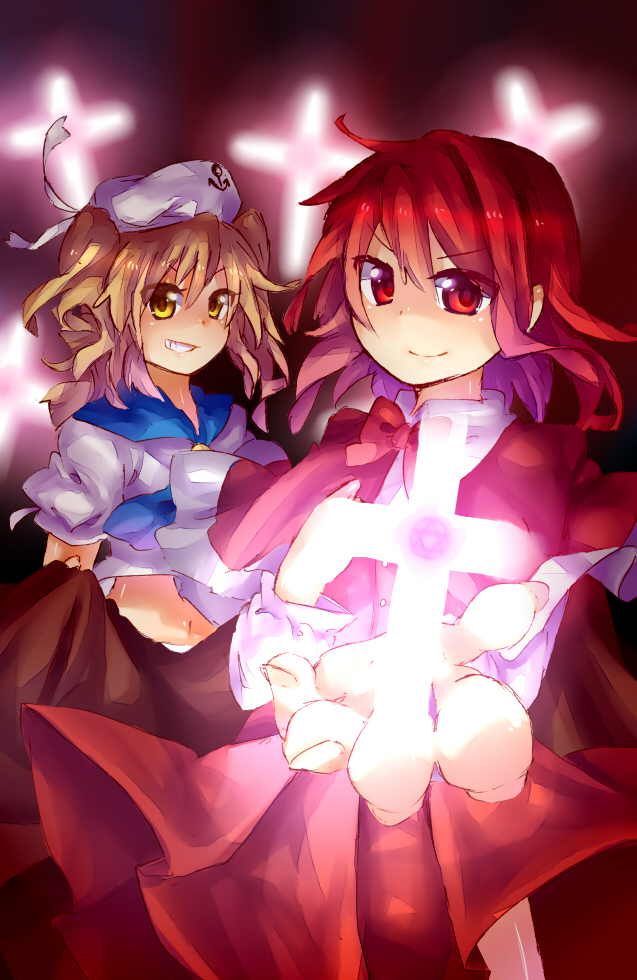 blonde_hair, cross, hexagram, kitashirakawa_chiyuri, multiple_girls, okazaki_yumemi, oroshisenbei, red_eyes