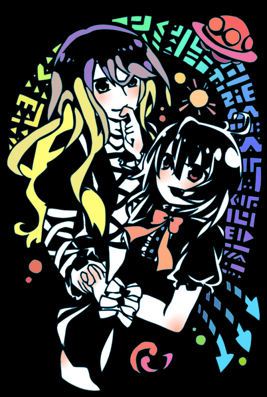 asymmetrical_wings, black_hair, blonde_hair, gradient_hair, hijiri_byakuren, houjuu_nue, kirigami, multicolored_hair