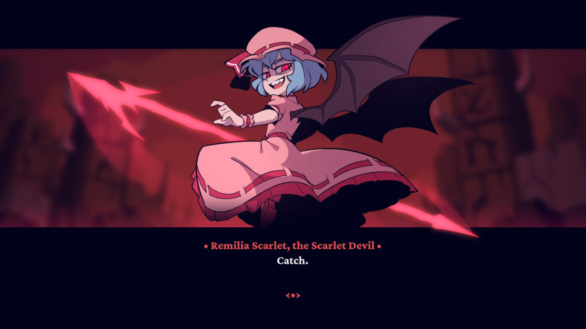 1girl, bat_wings, blue_hair, english_commentary, english_text, hair_between_eyes, hat, hat_ribbon, helltaker, highres, holding, holding_polearm, holding_weapon, looking_at_viewer, mary_janes, mob_cap, open_mouth, pink_hat, pink_shirt, pink_skirt, polearm, puffy_short_sleeves, puffy_sleeves, red_background, red_eyes, red_footwear, red_ribbon, remilia_scarlet, ribbon, rustyreddroses, shirt, shoes, short_hair, short_sleeves, skirt, smile, solo, spear_the_gungnir, teeth, touhou, vanripper_(style), weapon, wings, wrist_cuffs