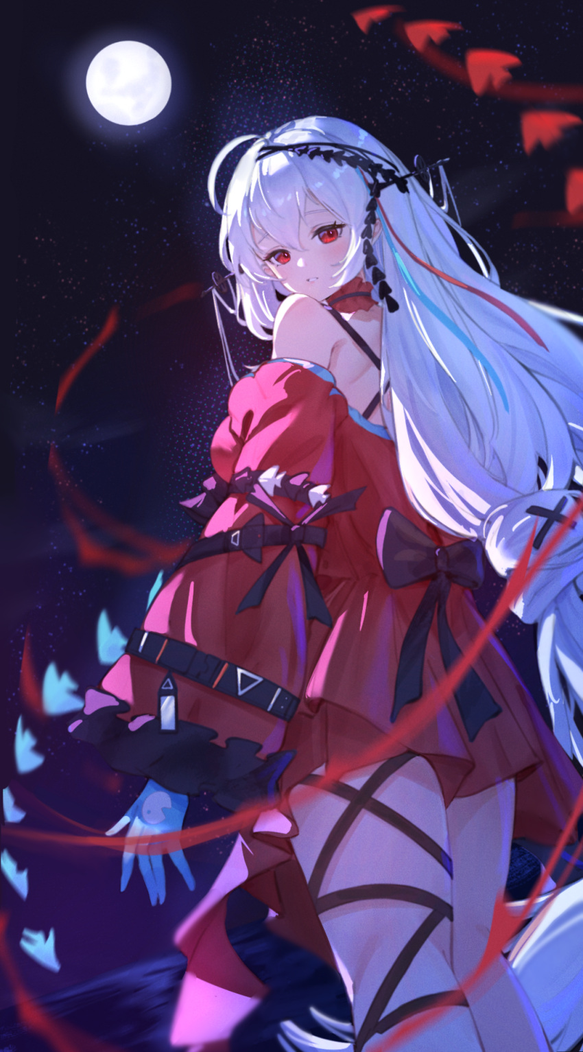 1girl, arknights, bare_shoulders, black_bow, bow, detached_sleeves, dress, drone_(drone_37)
