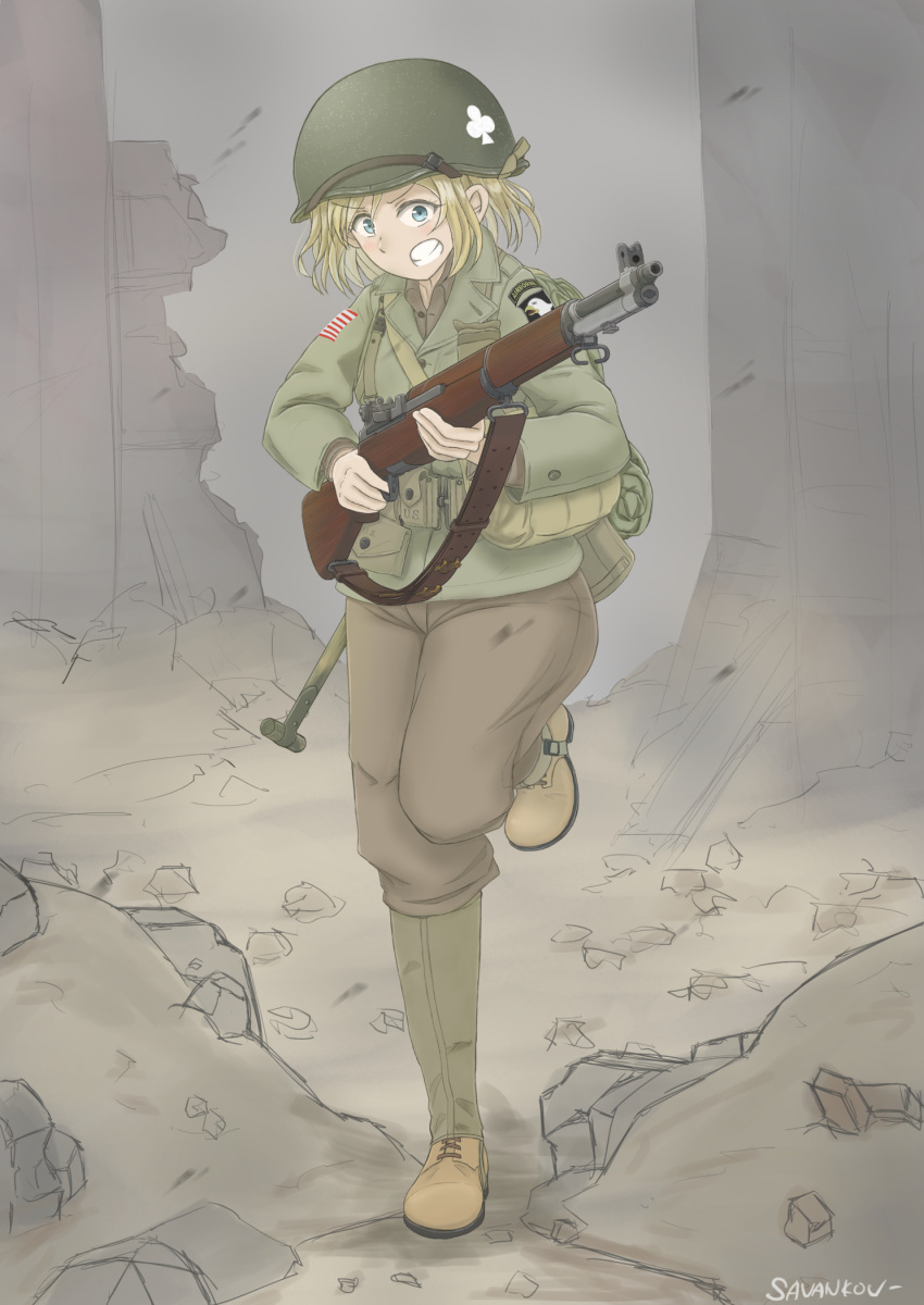 101st_airborne, 1girl, 327th_glider_infantry_regiment, ammunition_pouch, blonde_hair, blue_eyes, brown_pants, clenched_teeth