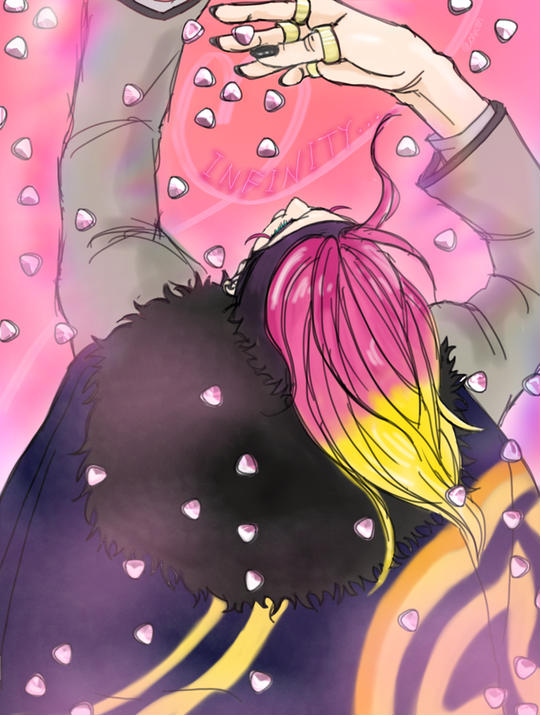 1boy, black_hair, black_nails, blonde_hair, candy, cape, eyelashes, facing_away