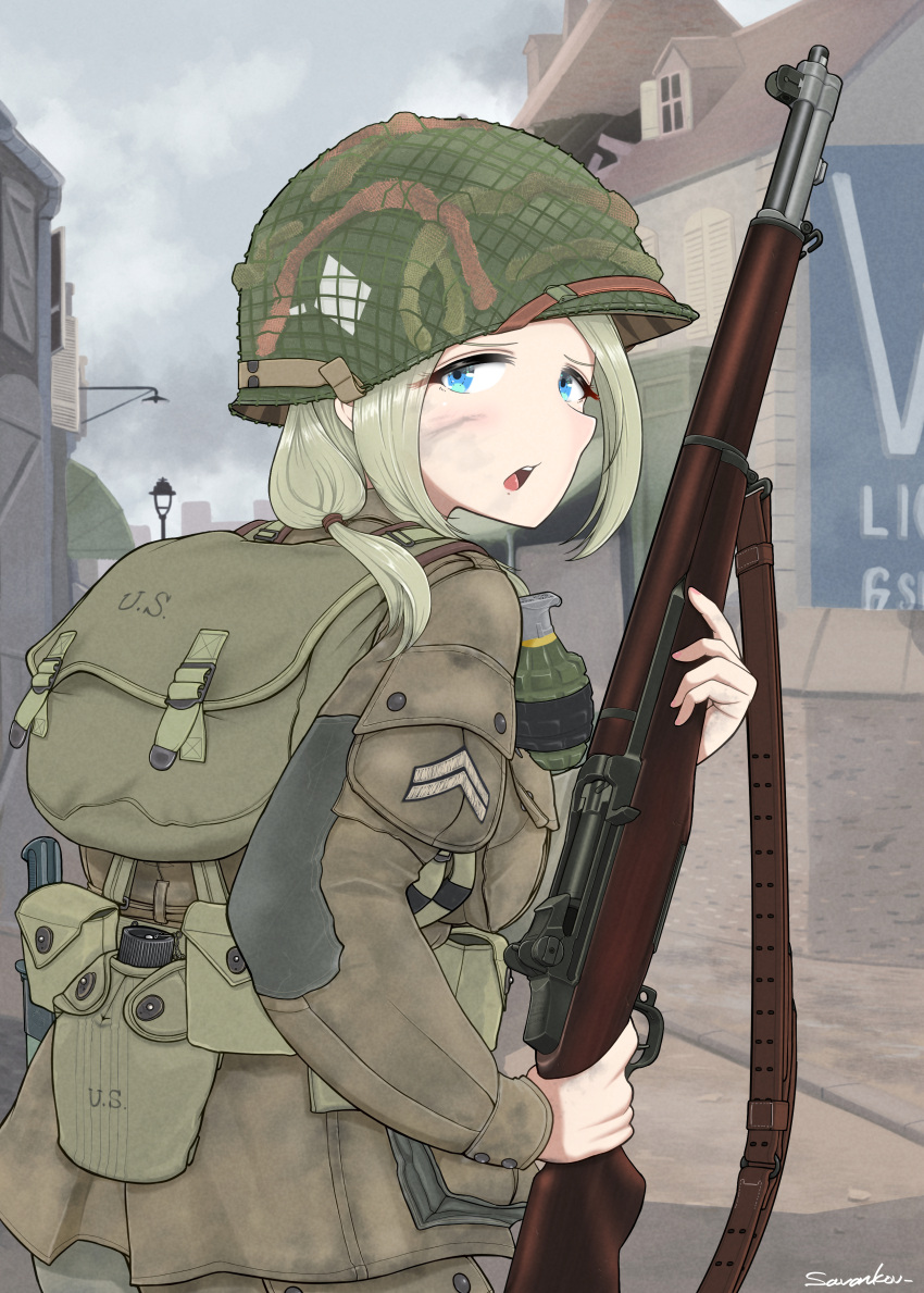 101st_airborne, 1girl, 501st_parachute_infantry_regiment_(us_army), absurdres, ammunition_pouch, battle_of_carentan, blonde_hair, blue_eyes, canteen, city, combat_helmet, diamond_(shape), dirty, dirty_face, explosive, finger_on_trigger, grenade, gun, gun_sling, helmet, highres, invasion_of_normandy, m1_garand, m1_helmet, military, military_combat_uniform, military_rank_insignia, open_mouth, original, outdoors, paratrooper, pouch, rifle, savankov, united_states_army, weapon, world_war_ii