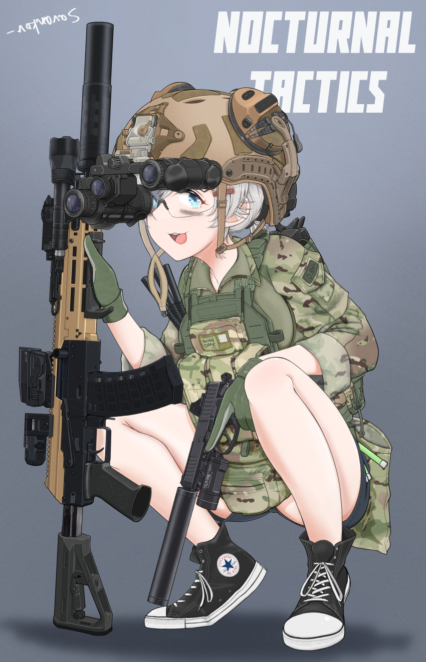 1girl, absurdres, ak-105, assault_rifle, blonde_hair, blue_eyes, camouflage, camouflage_shirt