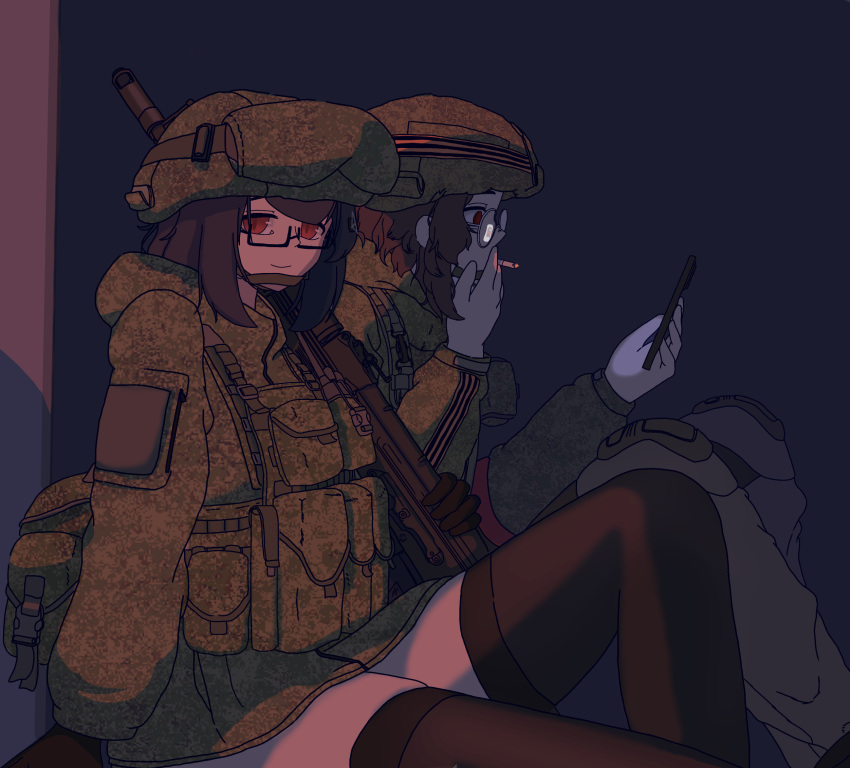 1girl, 2girls, ak-74, ammunition_pouch, among_us, assault_rifle, b1-517, borrowed_character