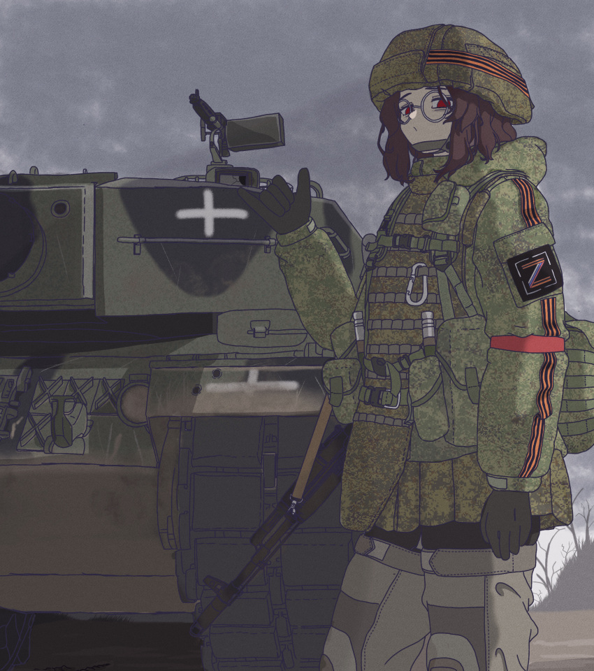 1girl, ak-74, ammunition_pouch, armband, assault_rifle, b1-517, black_gloves, body_armor, brown_hair, bulletproof_vest, camouflage, caterpillar_tracks, combat_helmet, digital_camouflage, gloves, gun, helmet, highres, kalashnikov_rifle, leopard_2, load_bearing_equipment, load_bearing_vest, looking_at_viewer, medium_hair, military, military_combat_uniform, military_vehicle, motor_vehicle, original, pouch, red_armband, red_eyes, ribbon_of_saint_george, rifle, round_eyewear, russia, russian_ground_forces, russo-ukrainian_war, shaka_sign, sidelocks, soldier, sophie_rudakova, tank, tank_turret, weapon, z_(russian_symbol)