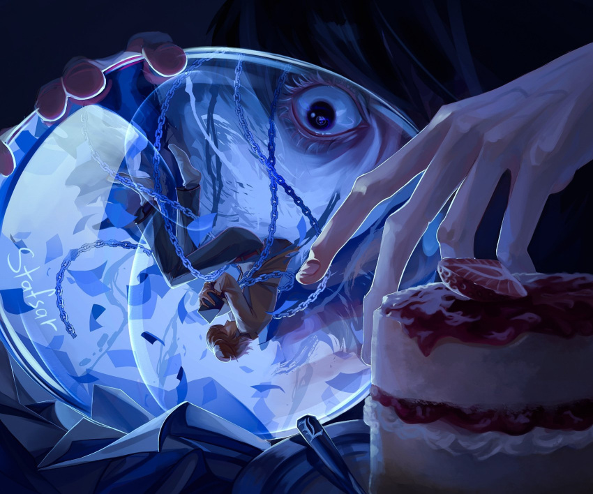 2boys, artist_name, cake, chain, death_note, eyelashes, food, fruit