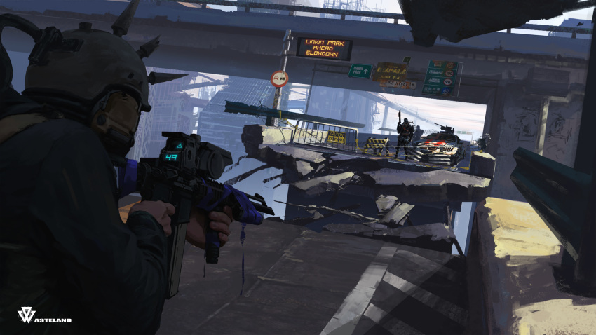 3others, absurdres, assault_rifle, bridge, car, cityscape, combat_helmet, daxi4ng, destruction, from_behind, guard_rail, gun, heavy_machine_gun, helmet, highres, impasto, linkin_park, m4_carbine, machine_gun, motor_vehicle, multiple_others, original, post-apocalypse, rifle, road_sign, roadblock, scenery, sign, solo_focus, spiked_helmet, tape, weapon