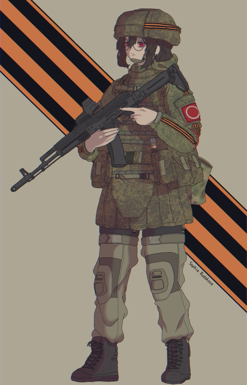 1girl, ak-74, ak-74m, ammunition_pouch, assault_rifle, b1-517, black_footwear, black_hair