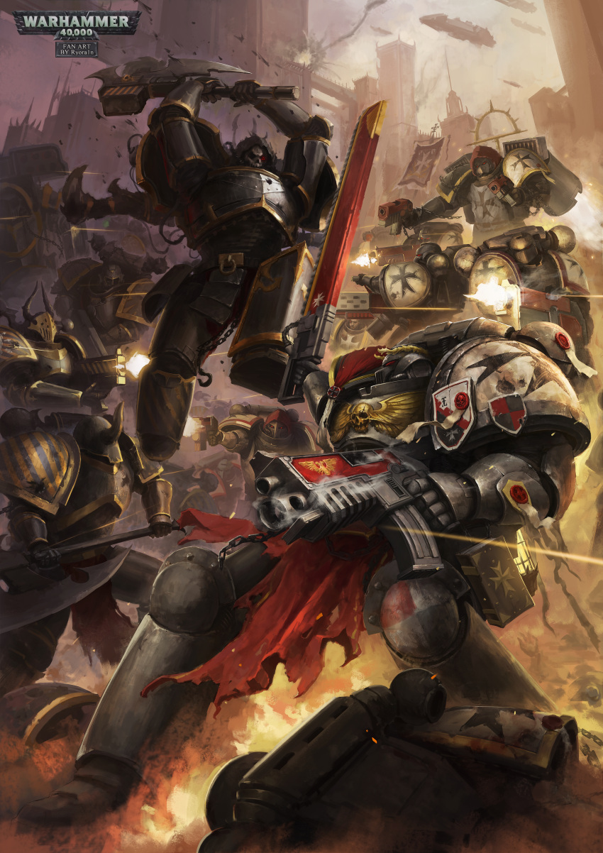 6+boys, absurdres, adeptus_astartes, aquila_(symbol), armor, artist_name, axe, backpack