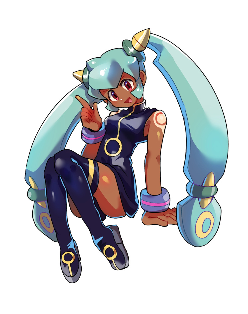 1girl, absurdres, bare_shoulders, black_dress, black_thighhighs, brown_eyes, dark-skinned_female, dark_skin, dress, full_body, grey_background, grey_hair, highres, mega_man_(series), mega_man_legends_(series), simple_background, solo, srnhuyuno, thigh-highs, twintails, yuna_(mega_man)