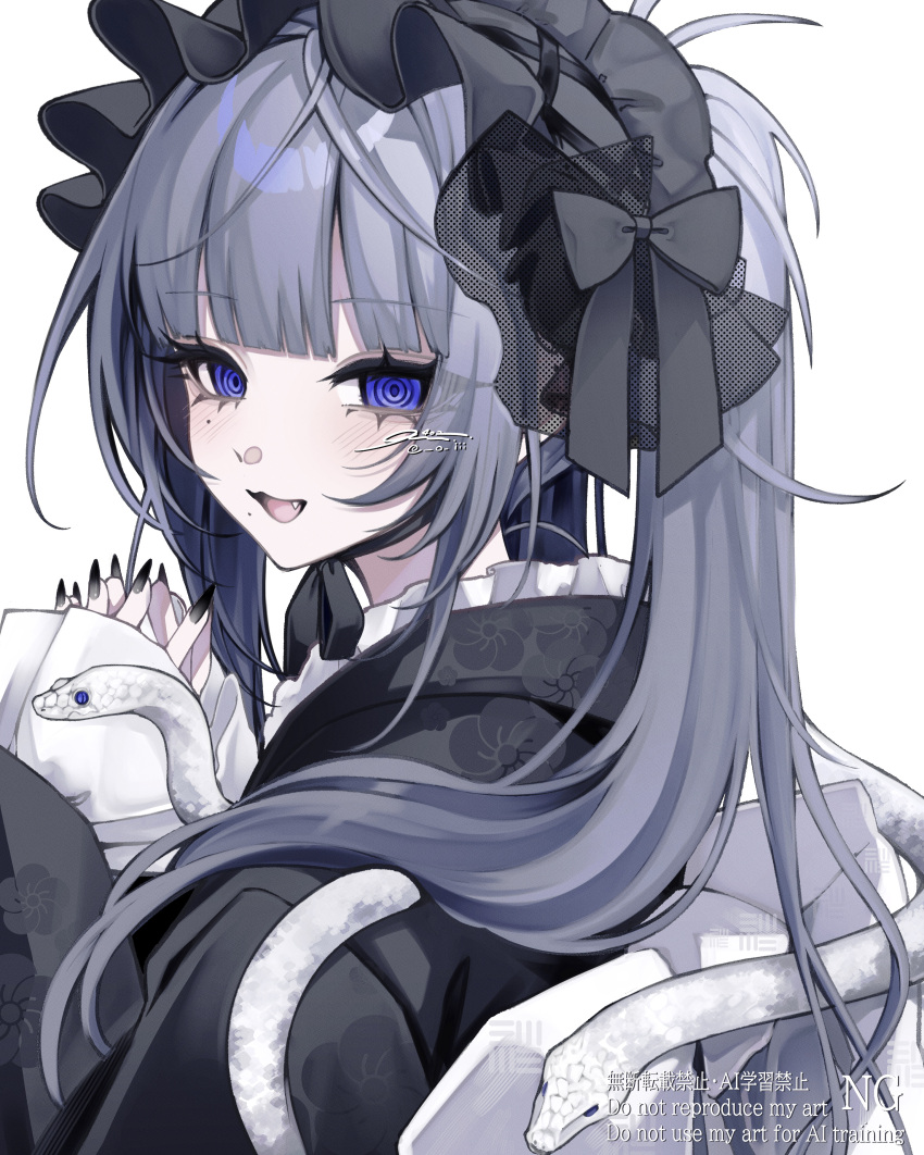 1girl, 402_(o0_xxx), :d, @_@, absurdres, animal_on_shoulder, black_bonnet, black_kimono