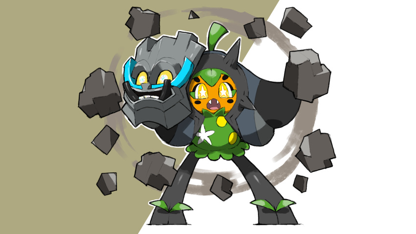 blacknirrow, fangs, full_body, highres, holding, holding_mask, mask, no_humans
