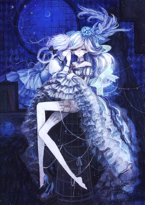 bare_shoulders, blue, blue_rose, crescent_moon, crossed_legs, dress, feathers, flower, formal, globe, goni_hane, hair_flower, hair_ornament, high_heels, legs_crossed, long_dress, long_hair, long_legs, moon, night, night_sky, original, rose, shoe_dangle, shoes, single_shoe, sitting, skirt, skirt_lift, sky, solo, star, thigh-highs, thighhighs, white_hair, white_legwear, white_thighhighs, window