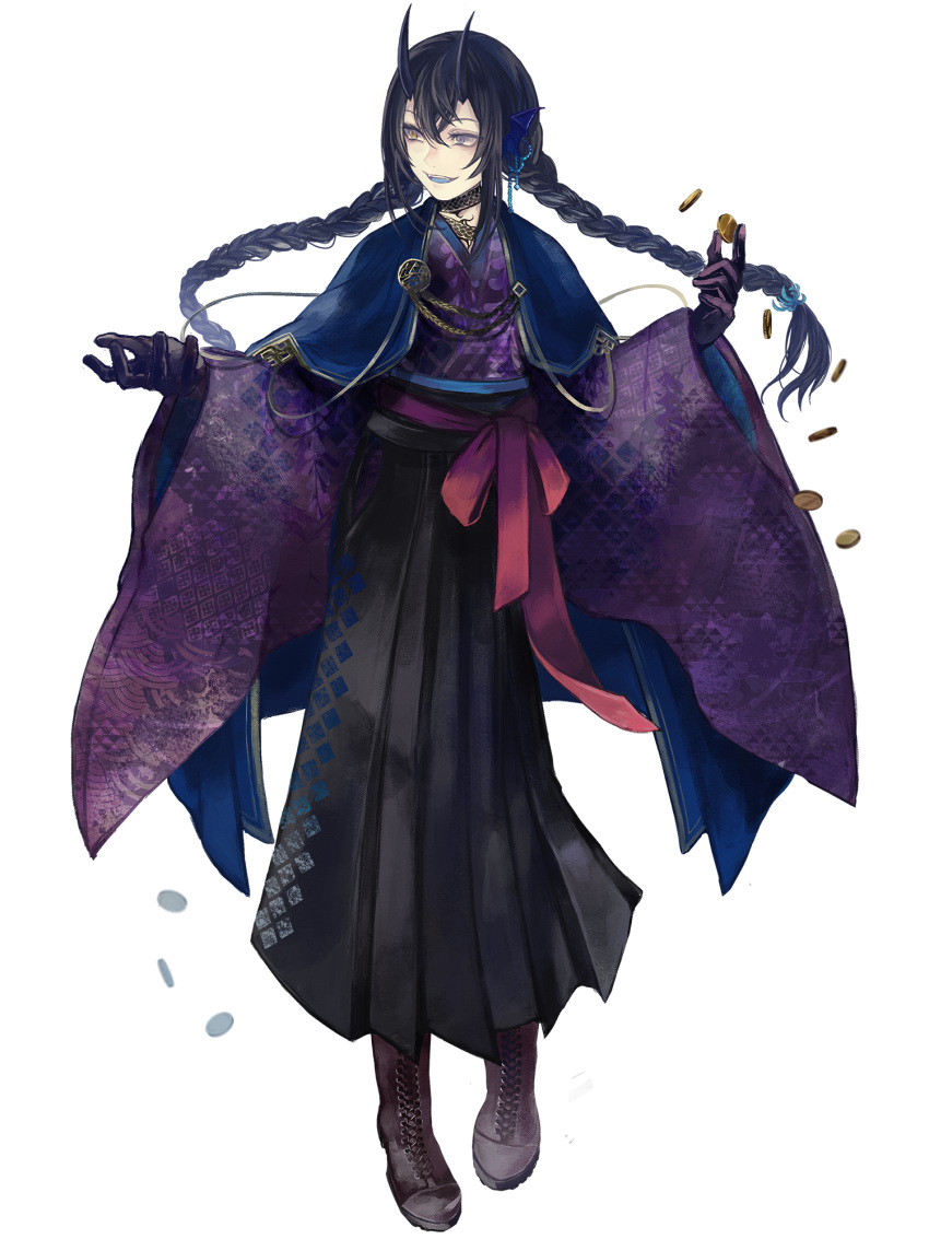 1girl, 310gou10, bat_hair_ornament, black_gloves, black_hair, black_hakama, black_horns, blue_capelet