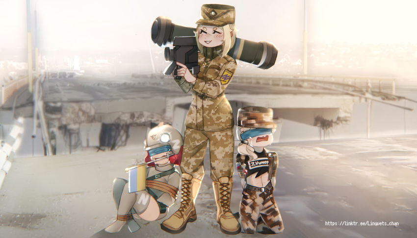 3girls, arms_behind_back, azov_battalion, badge, belt, black_tank_top, blonde_hair, blush