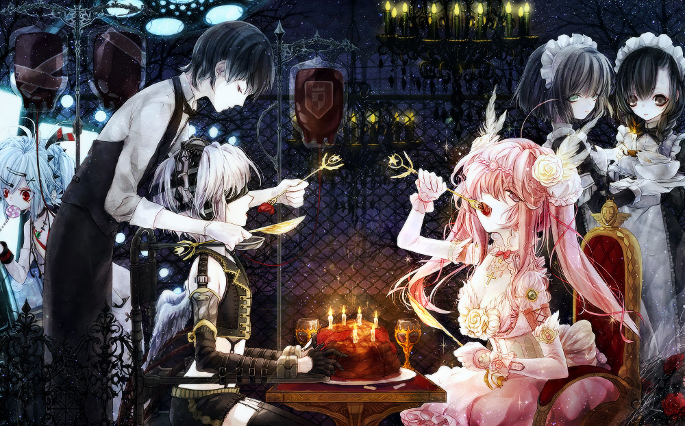 black_hair, blindfold, blood, braid, candle, candy, chair, cup