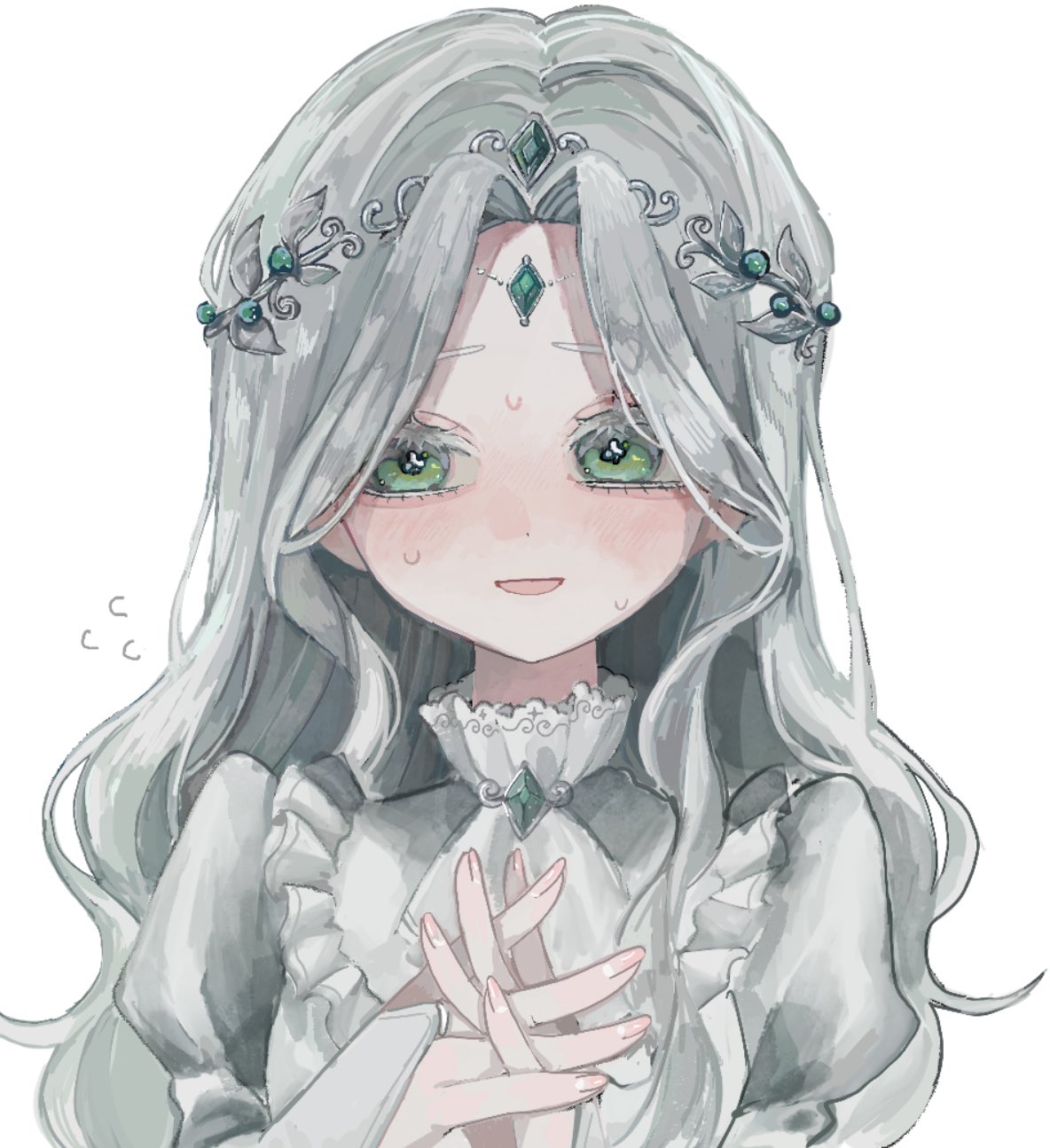 16personalities, 1girl, advocate_(16personalities), bridal_gauntlets, dress, hands_up, highres, juliet_sleeves