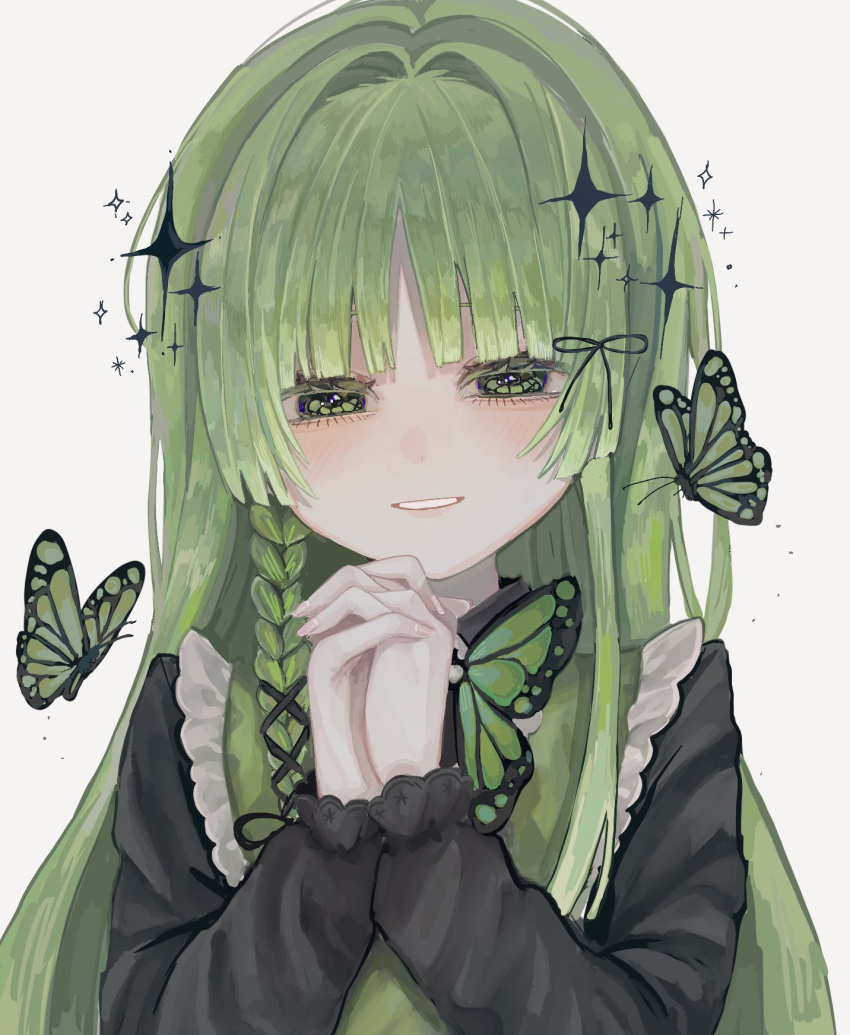 16personalities, 1girl, black_dress, bow, bowtie, braid, bug, butterfly