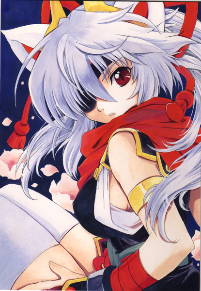 acrylic_paint_(medium), animal_ears, armlet, breasts, eyepatch, fox_ears, horns, kuon_(shinrabansho), kuon_(shinrabanshou), long_hair, ninja, petals, red_eyes, scarf, shinrabansho, shinrabanshou, sideboob, silver_hair, solo, suwajin, thigh-highs, thighhighs, traditional_media, white_legwear, white_thighhighs