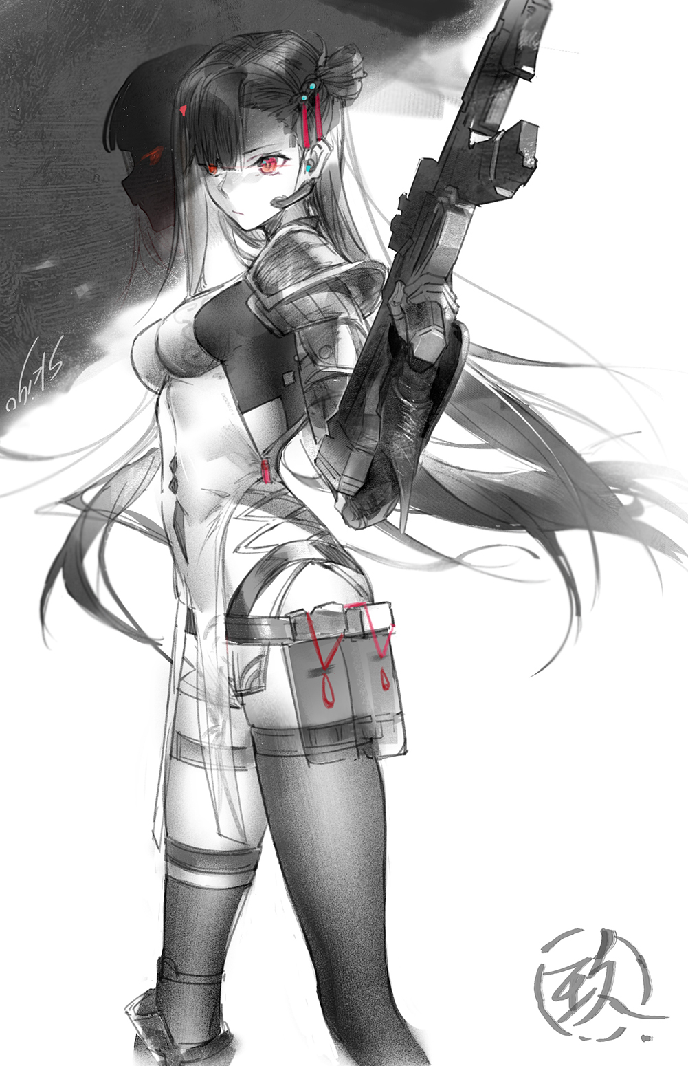 1girl, armor, assault_rifle, asymmetrical_legwear, black_hair, black_thighhighs, breasts, chinese_commentary