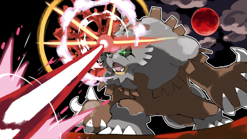 alternate_form, animal_focus, bear, blacknirrow, blood_moon_(pokemon), bloodmoon_ursaluna, claws, clouds, commentary, energy_beam, english_commentary, full_moon, glowing, glowing_eyes, green_eyes, highres, lower_teeth_only, mismatched_sclera, moon, no_humans, open_mouth, outline, pokemon, pokemon_(creature), pokemon_move, red_moon, sharp_teeth, solo, standing, teeth, ursaluna, v-shaped_eyes, white_outline