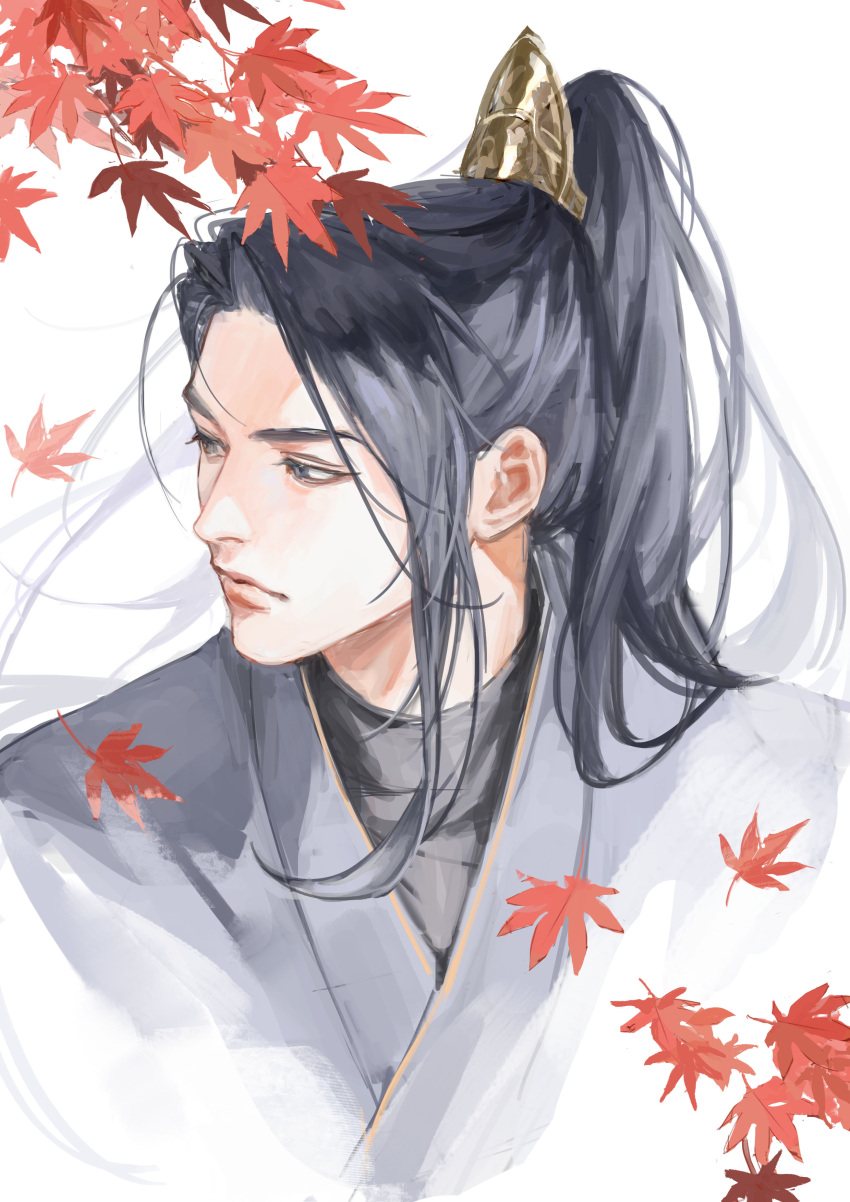 1boy, absurdres, black_hair, black_hanfu, chinese_clothes, closed_mouth, falling_leaves, grey_eyes