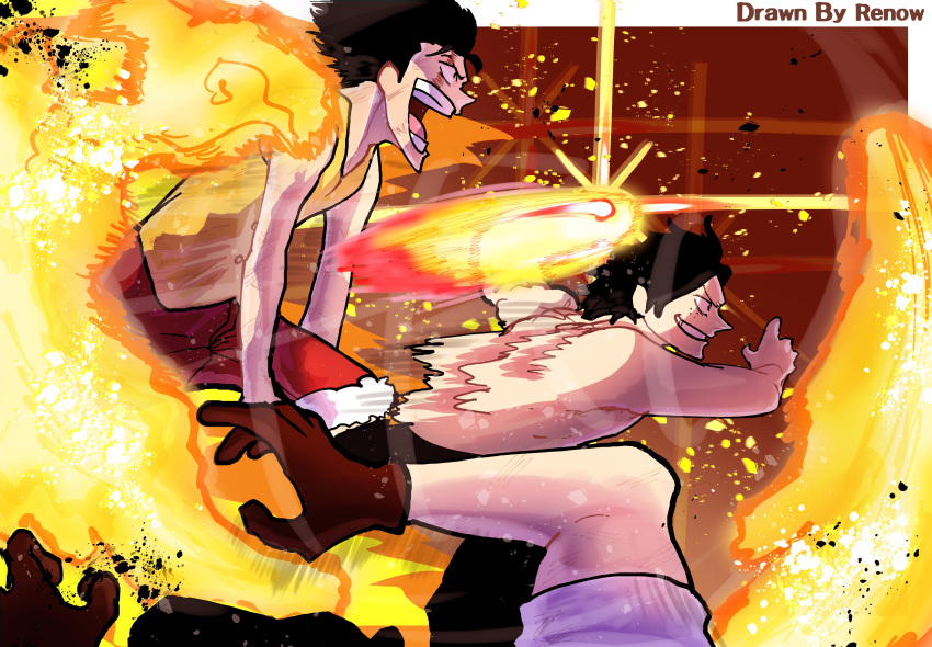 2boys, absurdres, artist_name, blood, blood_on_face, brothers, fire, freckles