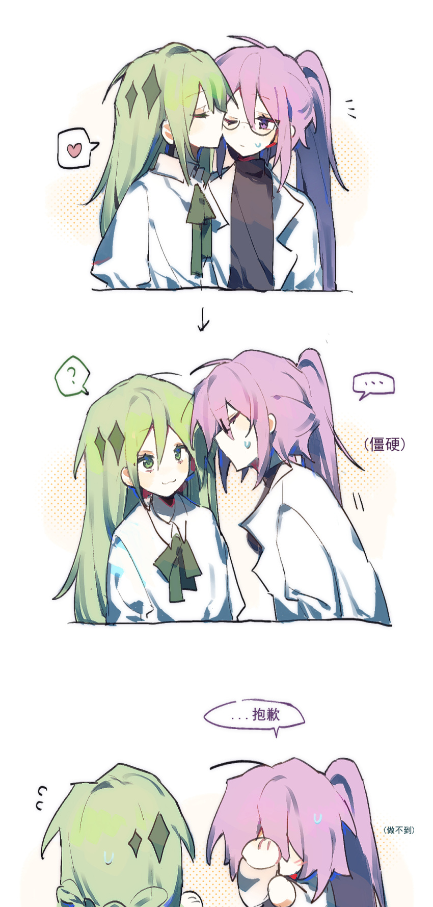 16personalities, 2girls, black_sweater, collared_shirt, green_ribbon, highres, lab_coat, logician_(16personalities), long_hair, long_sleeves, mediator_(16personalities), mouyimouyi, multiple_girls, neck_ribbon, ponytail, purple_hair, ribbon, shirt, short_sleeves, simple_background, sweater, upper_body, very_long_hair, violet_eyes, white_background, white_shirt, yuri