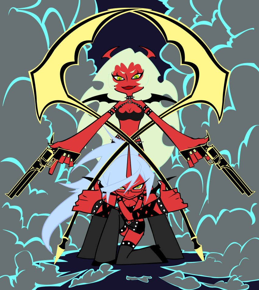 demon_girl, double_gold_lacytanga, double_gold_spandex, dual_wielding, fang, glasses, green_hair, gun
