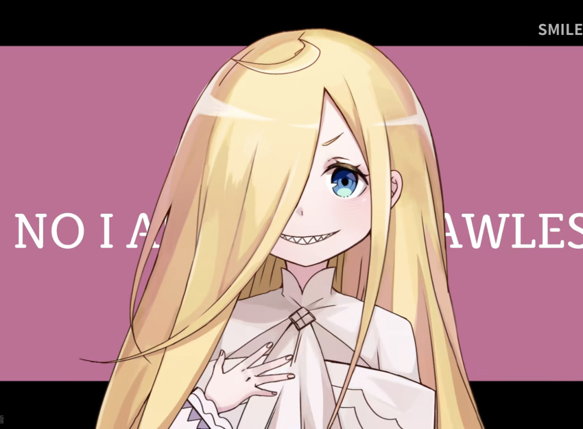 1girl, blonde_hair, blue_eyes, dress, english_text, grin, hair_down, hair_over_one_eye