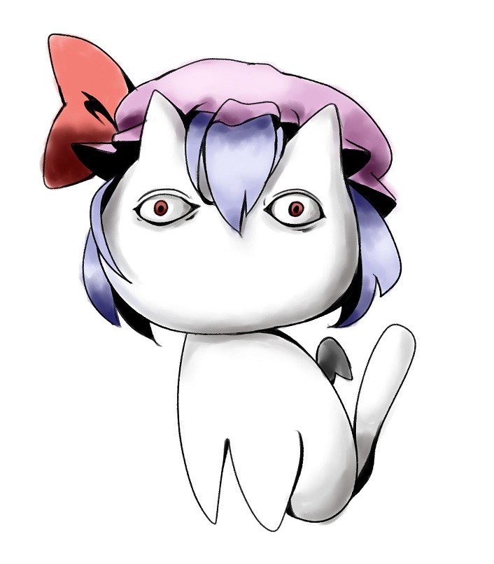 blue_hair, cat, commentary_request, constricted_pupils, full_body, hat, looking_at_viewer, mob_cap